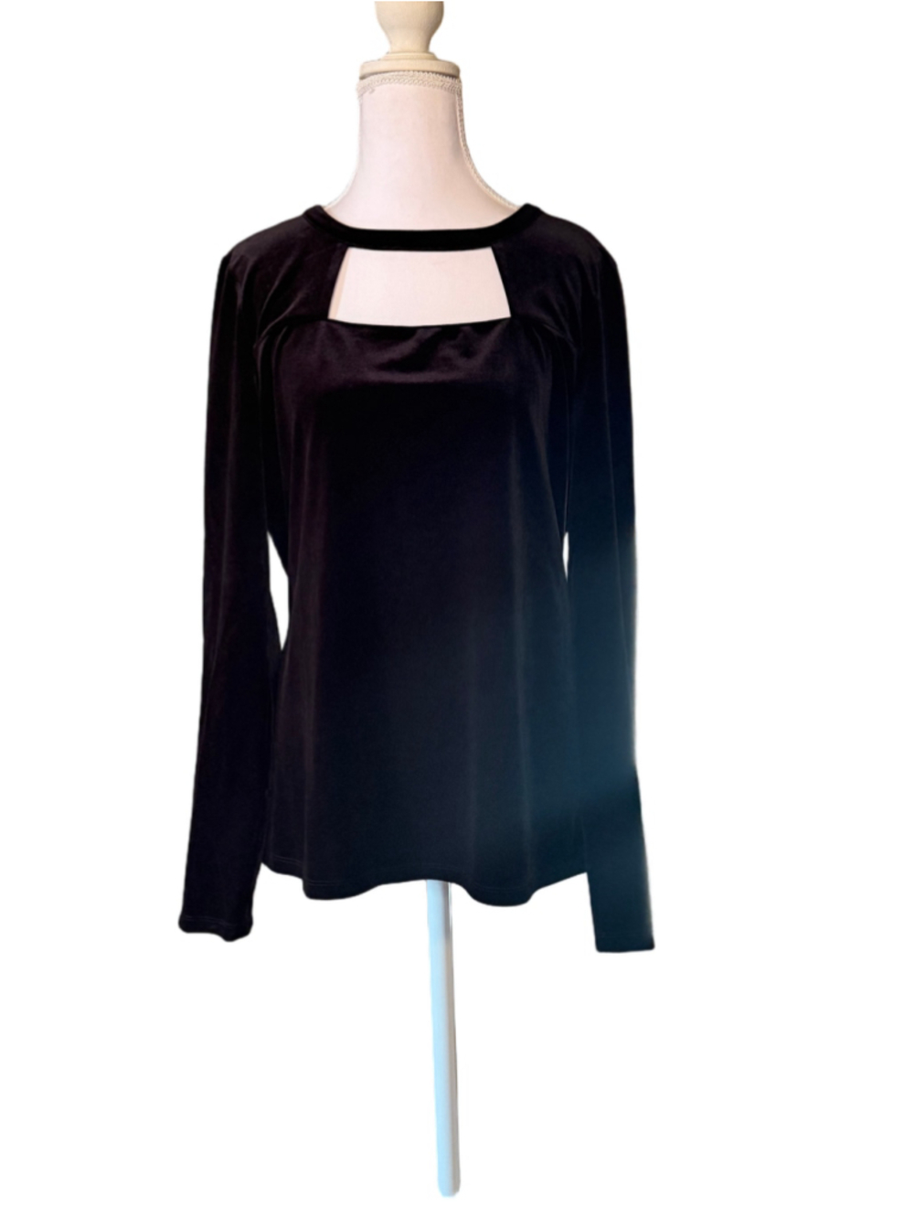 INC International Concepts Black Velvet Cutout Long Sleeve Top Size L